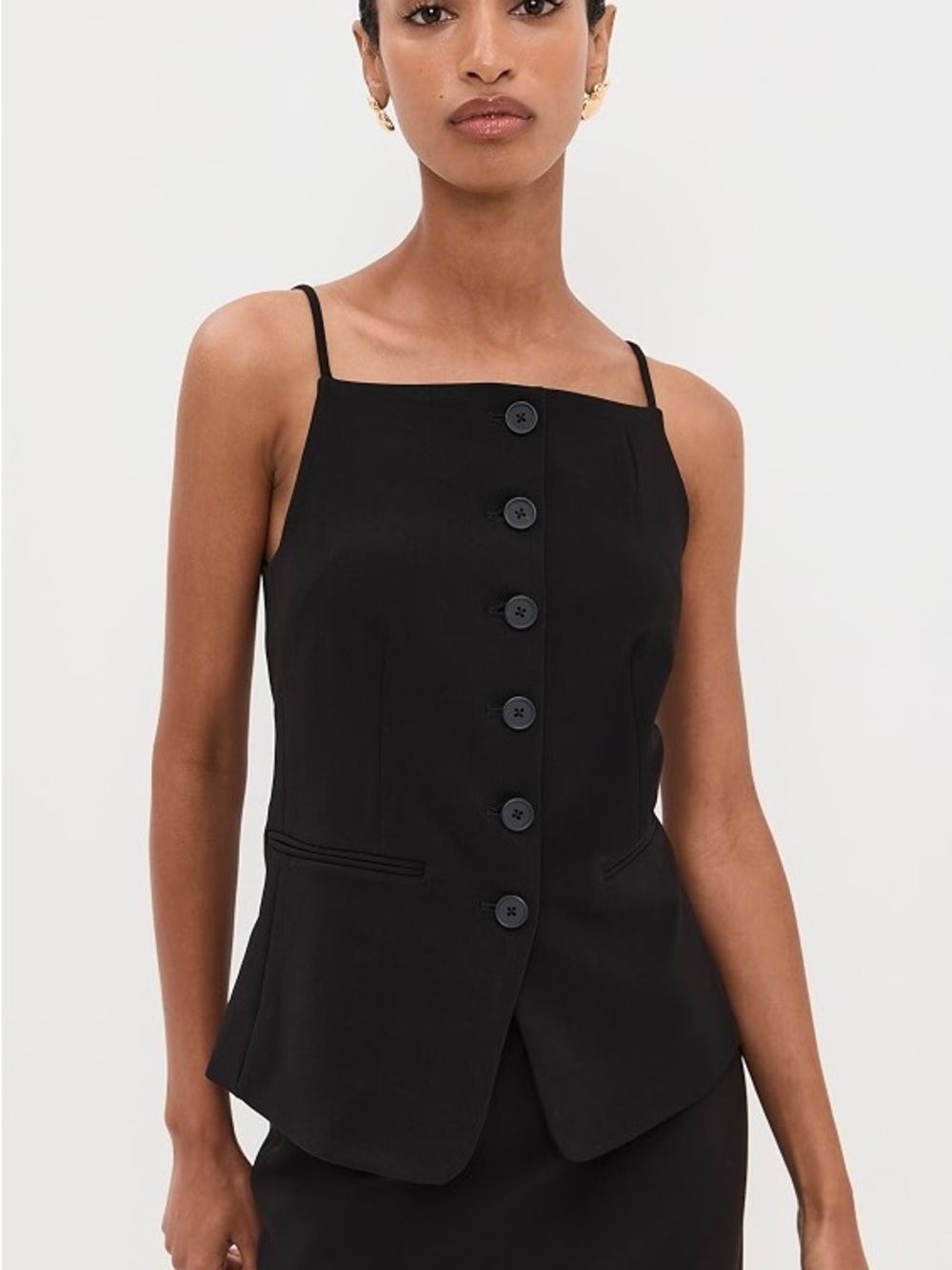 STAUD Una Black Button-Front Spaghetti-Strap Top
